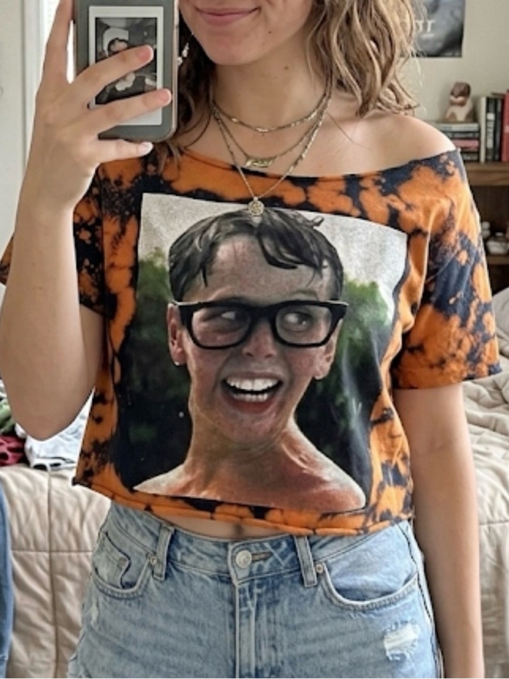 The Sandlot Squints Custom Bleach Dye Cropped Boxy Off The Shoulder Graphic Tee